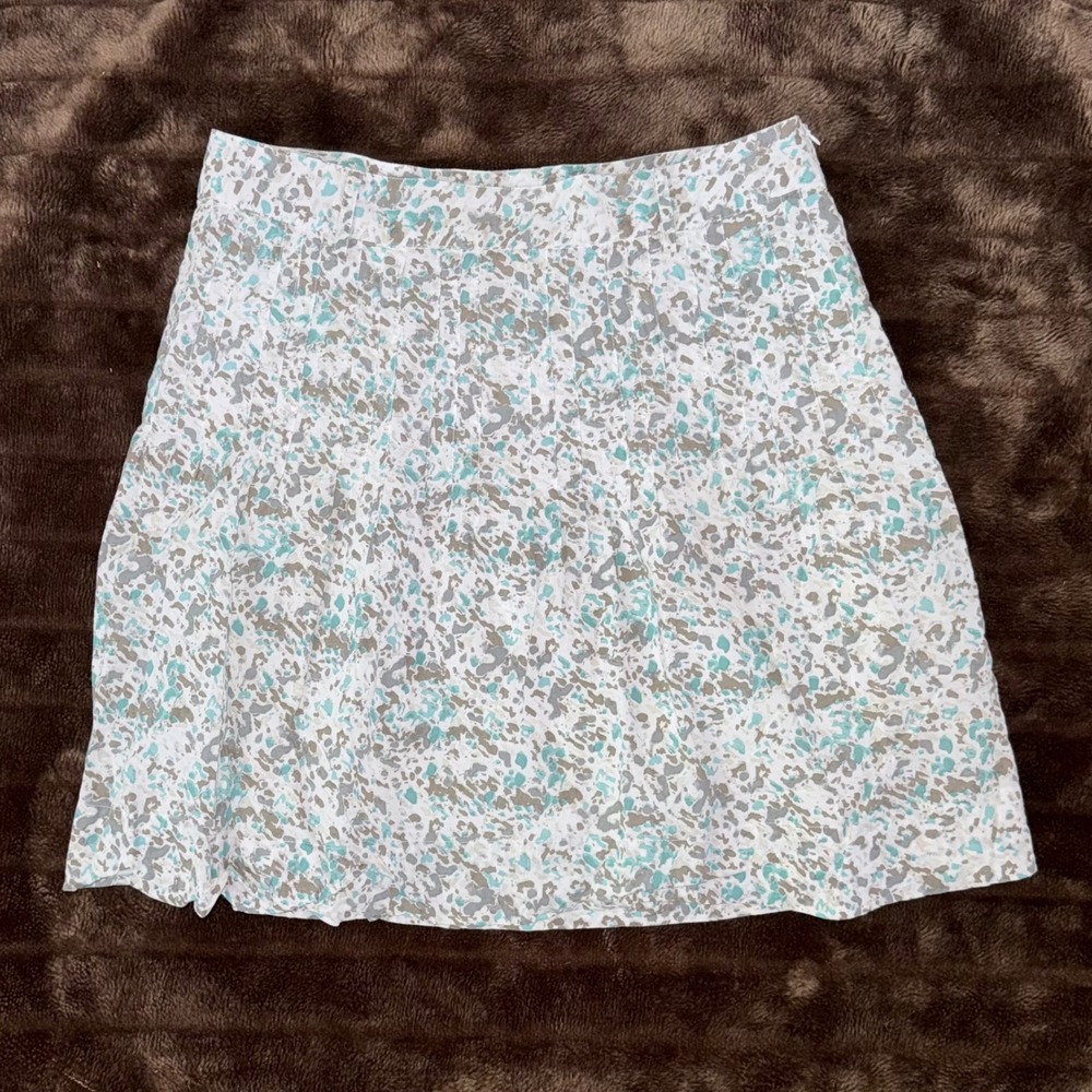 Aventura Pleated Mini Skirt Womens M White Teal Organic Cotton Abstract Print